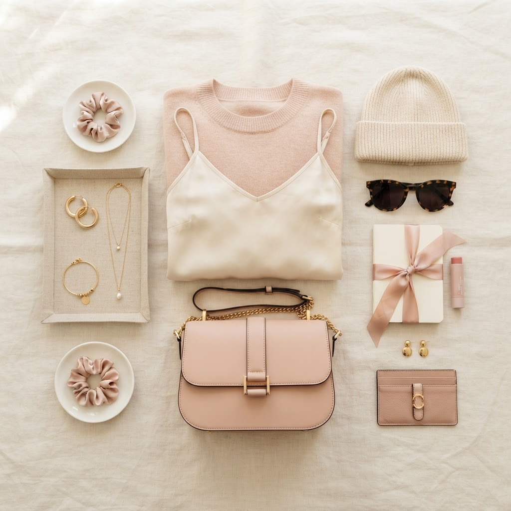 Flat lay of trendy fashion accessories